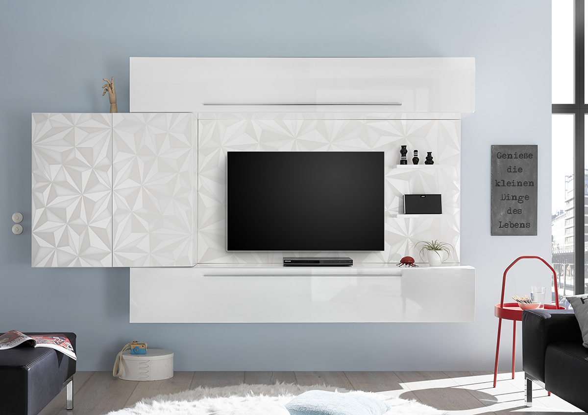 Parete attrezzata moderna con contenitore a parete Bianco Laccato Lucido serigrafato