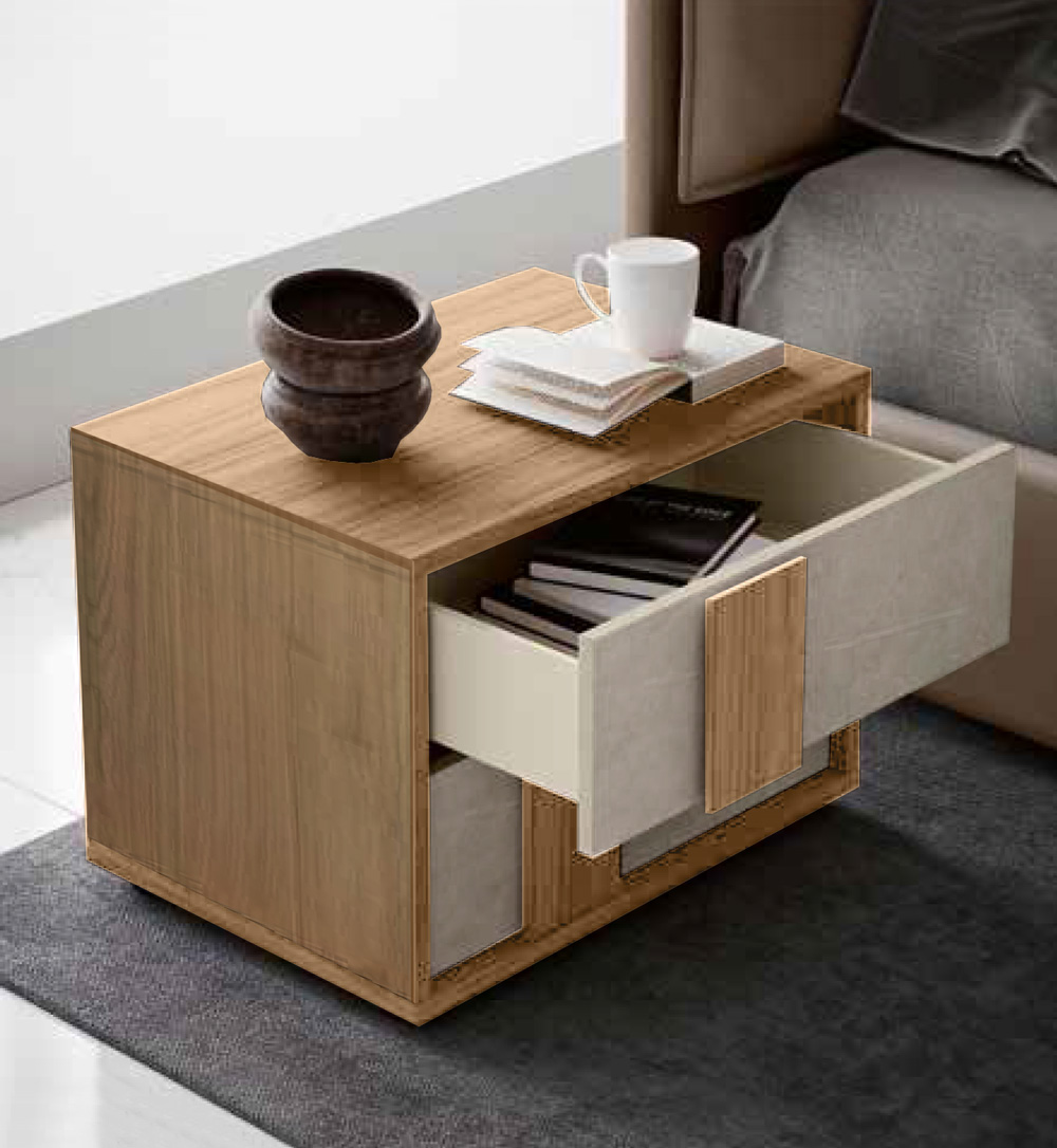 Set moderno comò e comodini, finitura Noce biondo e Graniglia chiaro