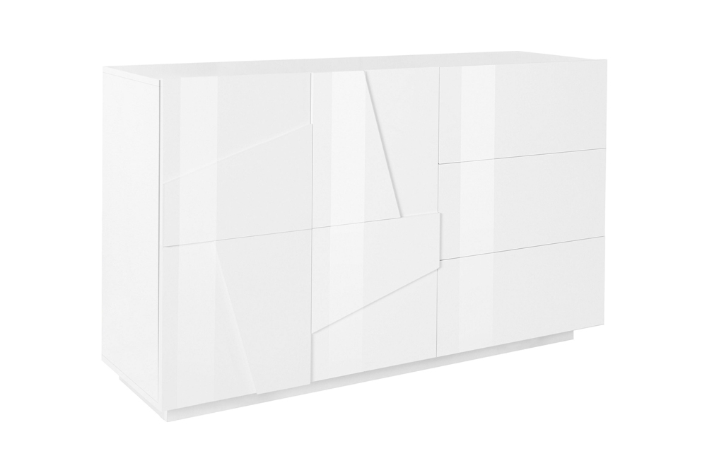 Madia moderna con 3 cassetti e 2 ante con disegno geometrico in Bianco lucido
