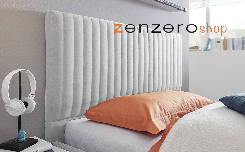 Letto Vertigo grigio in tessuto imbottito una piazza e mezza, testiera righe