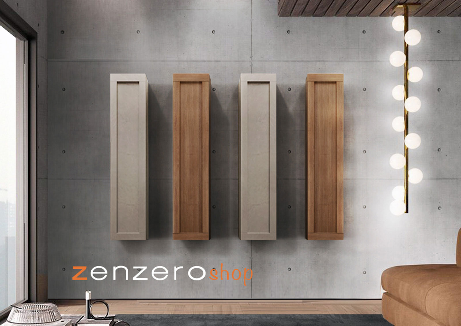 Pensile verticale sospeso con un'anta e frontale con telaio, disponibile in diversi colori 