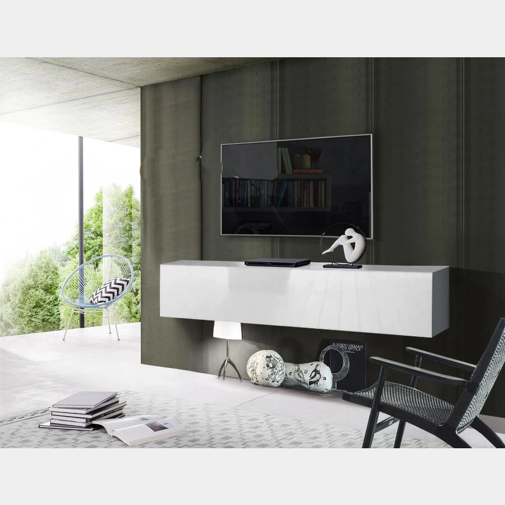 Base TV sospesa anta a ribalta, finitura bianca lucida