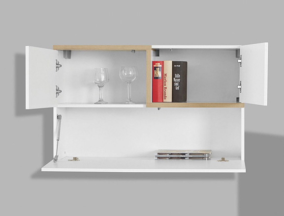 Economico Pensile sospeso con una ribalta e 2 ante in finitura Bianco lucido e Pero