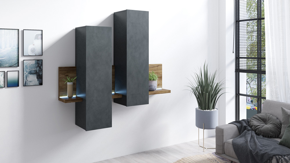 Parete attrezzata completa, finitura antracite spatolato e noce