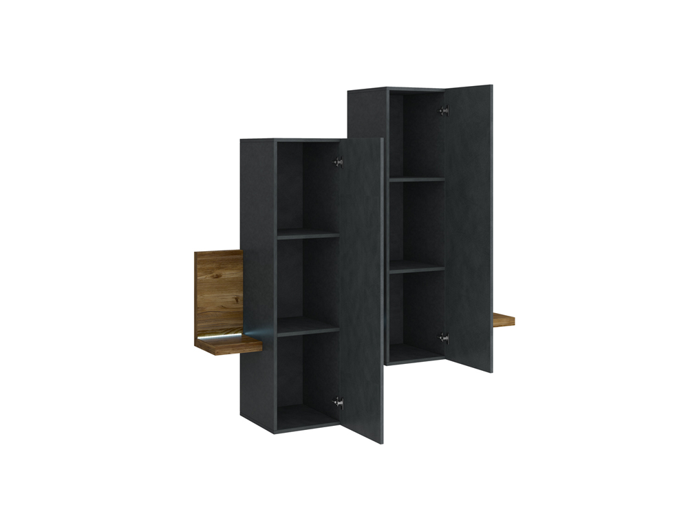 Parete attrezzata completa, finitura antracite spatolato e noce