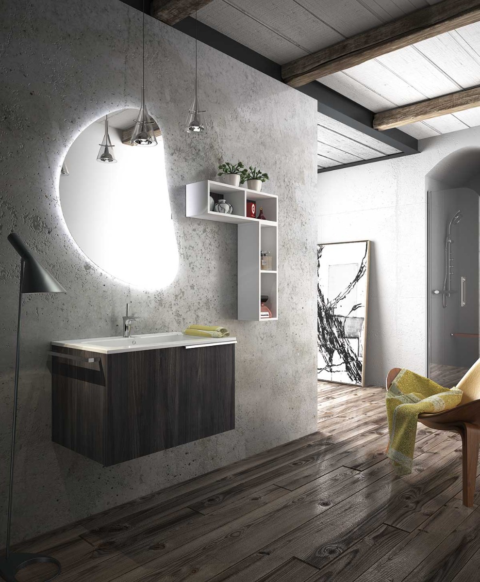 Mobile bagno con lavabo, 1 cestone finitura Olmo rodano