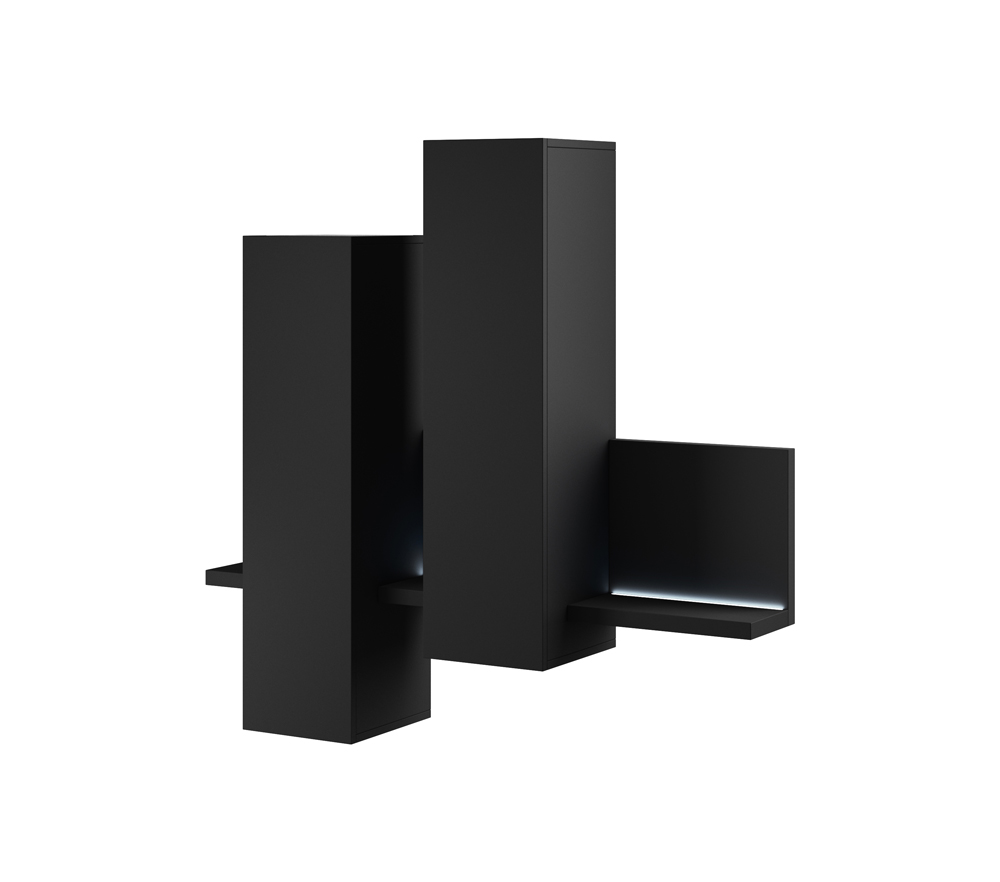 Modulo porta oggetti nero opaco, formato da una mensola e 2 pensili verticali