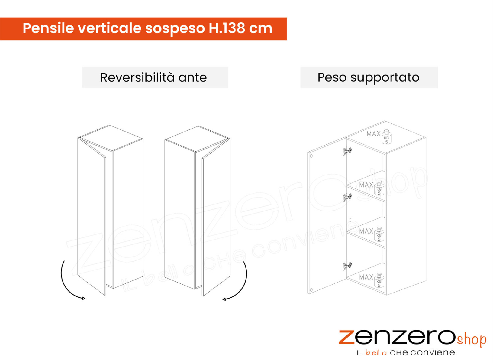Pensile verticale sospeso, disponibile in diverse finiture, Made in Italy 
