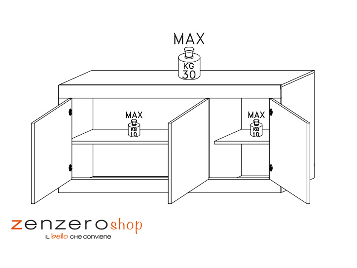 Credenza Moderna, Madia Bianca Lucida con 3 ante in finitura Pero