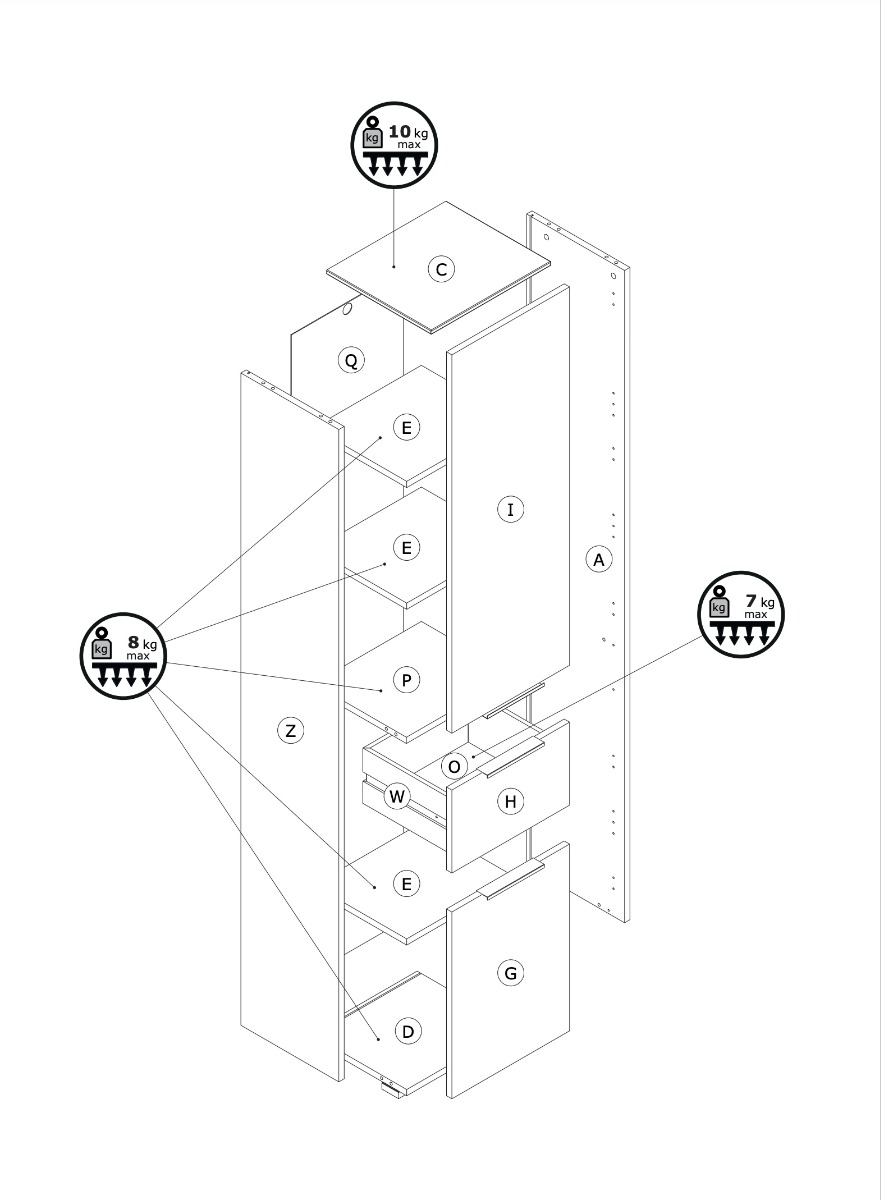 Colonna multiuso 2 ante + 1 cassetto, Bianco Laccato e top Grigio Cemento