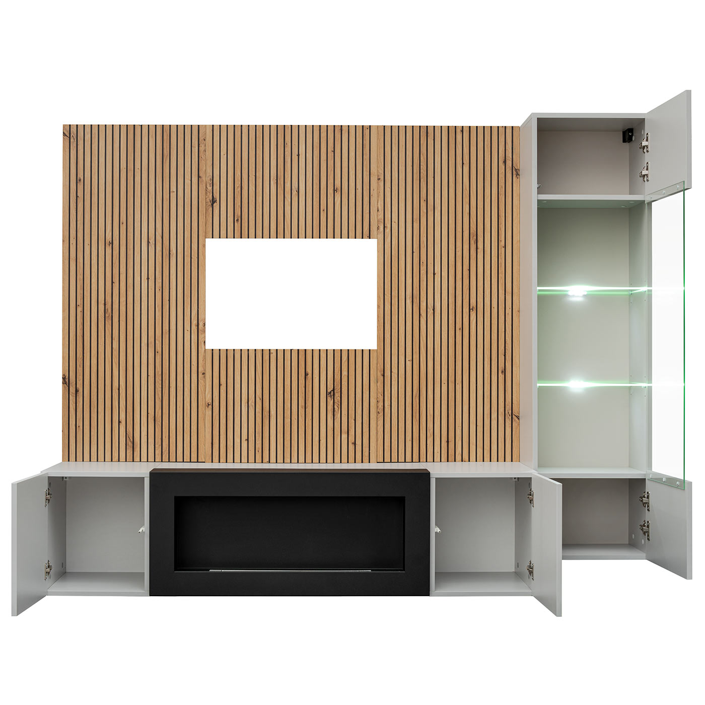 parete attrezzata grigio perla e artisan oak