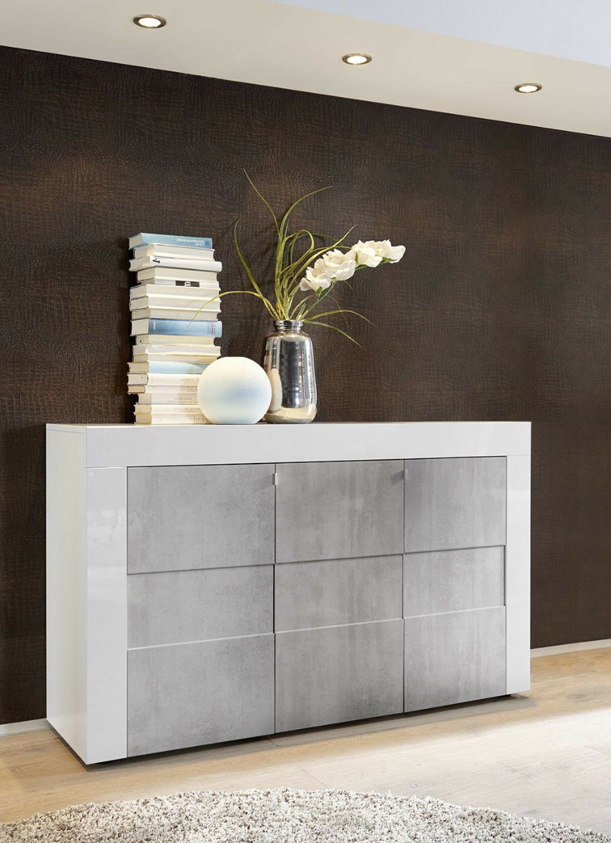 Credenza Moderna, Madia di Design, 3 ante, Bianco Lucido con frontali Beton