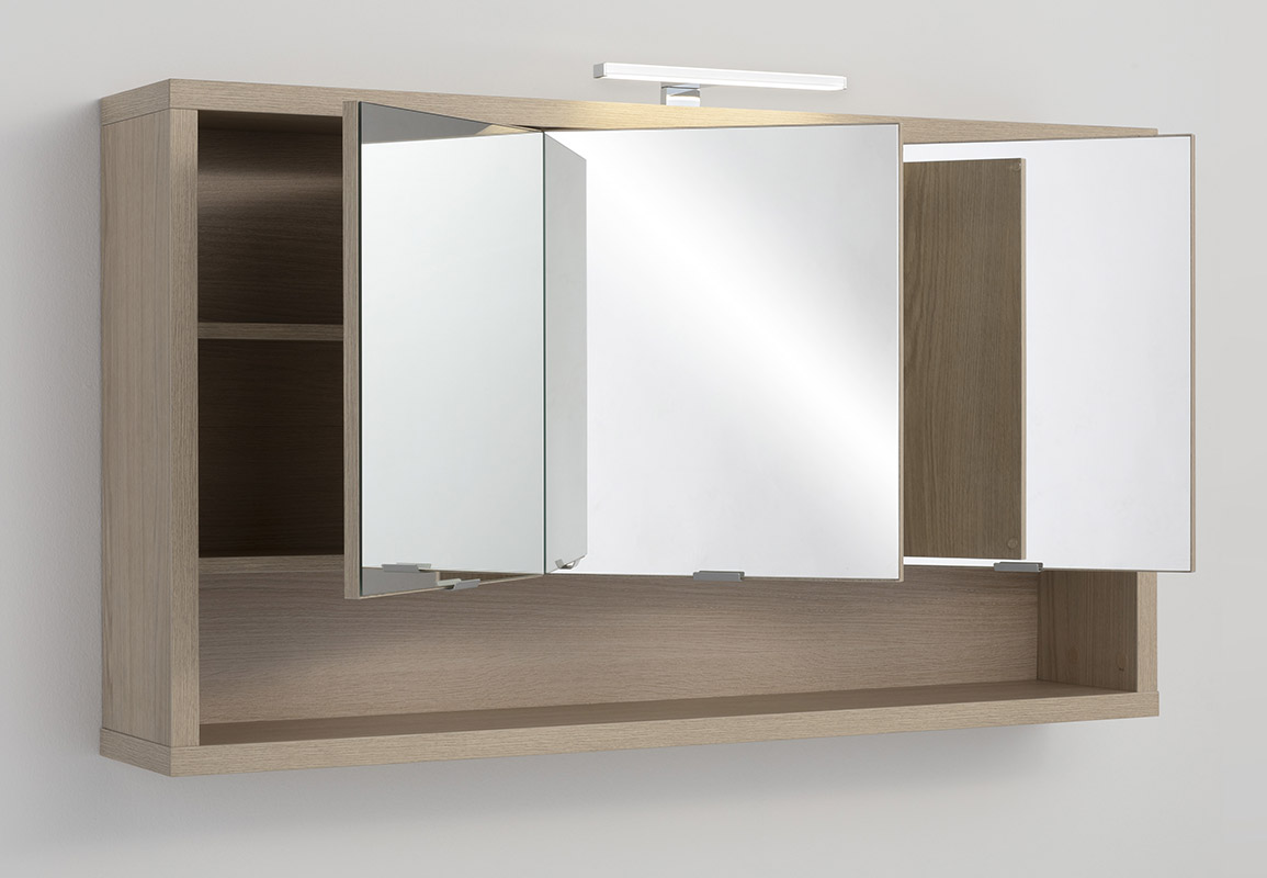 Mobile del bagno,Pensile specchio con 3 ante in finitura Rovere