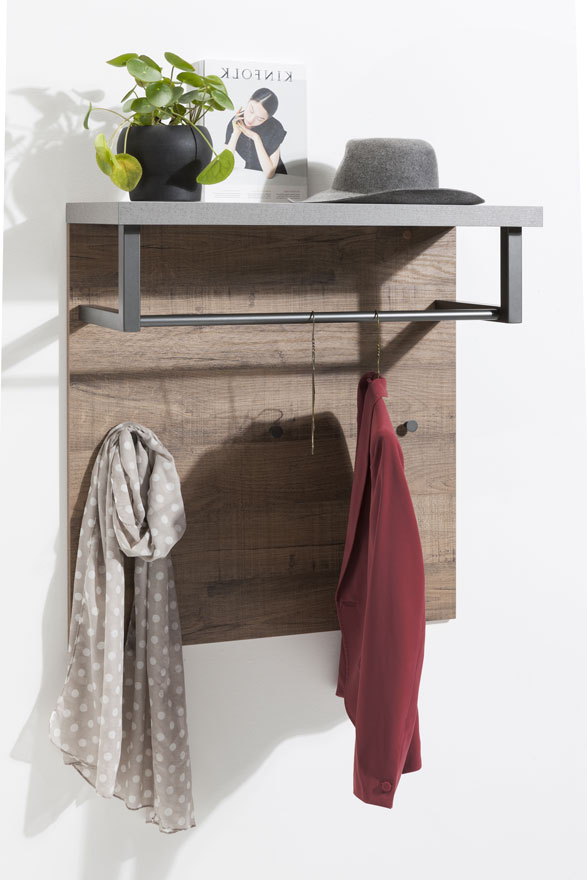 Composizione d'ingresso Industry con Armadio, Panca e Scarpiera, Cemento e Rovere invecchiato