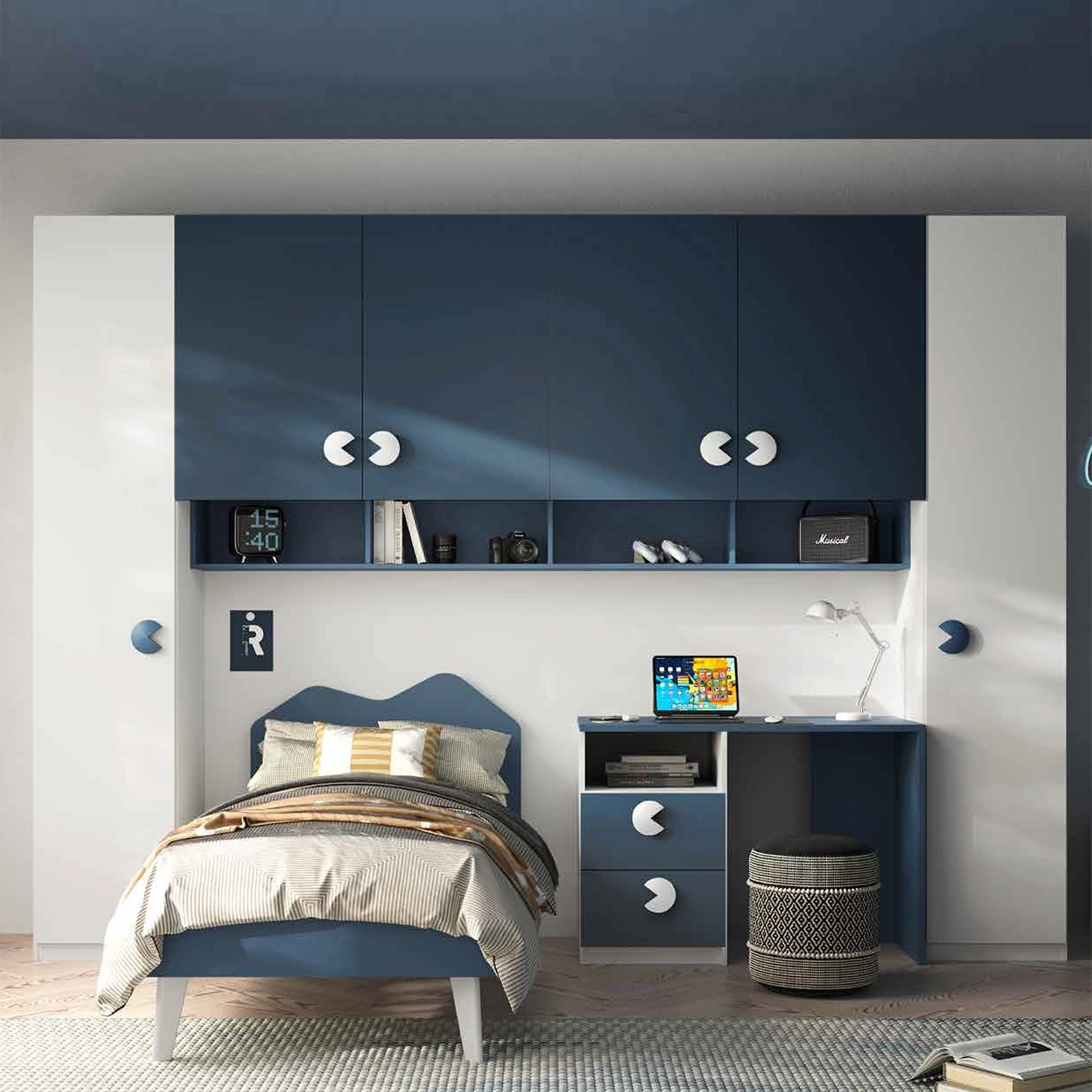 Armadio a ponte per camerette, Bianco opaco e Blu navy, L.333