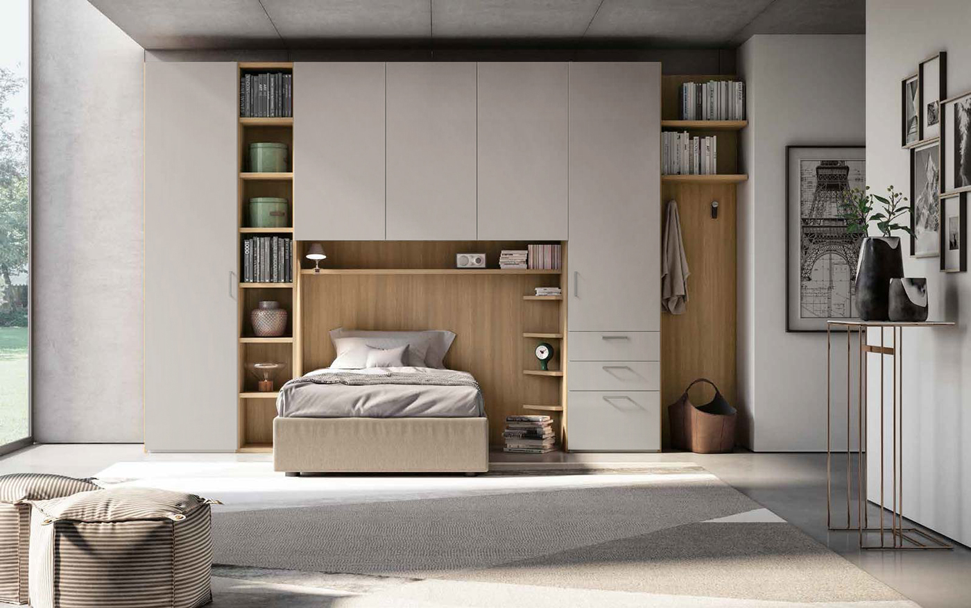 Ponte con libreria e boiserie, Grigio seta e Noce biondo