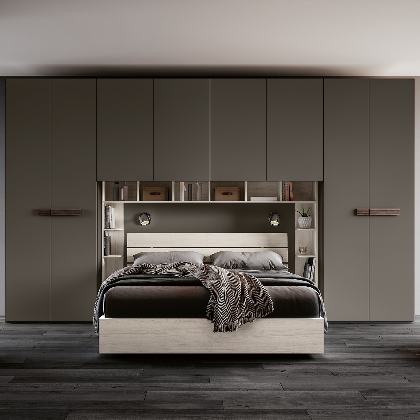 Armadio a ponte, 8 ante, Grigio cenere con maniglie cannettate grigie