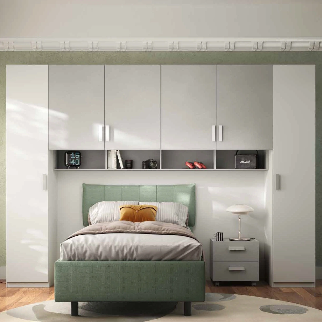 Armadio a ponte per camerette, Bianco opaco e Gesso, L.333