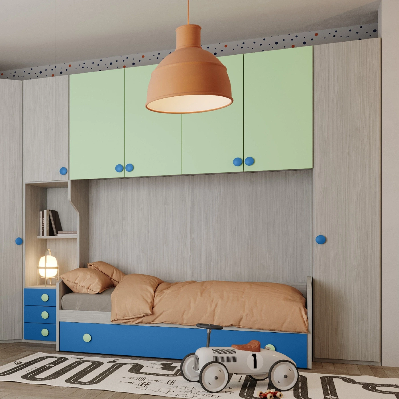 Armadio a ponte con divano letto, Cenere wood, Sedano e Cielo Zenzero Shop