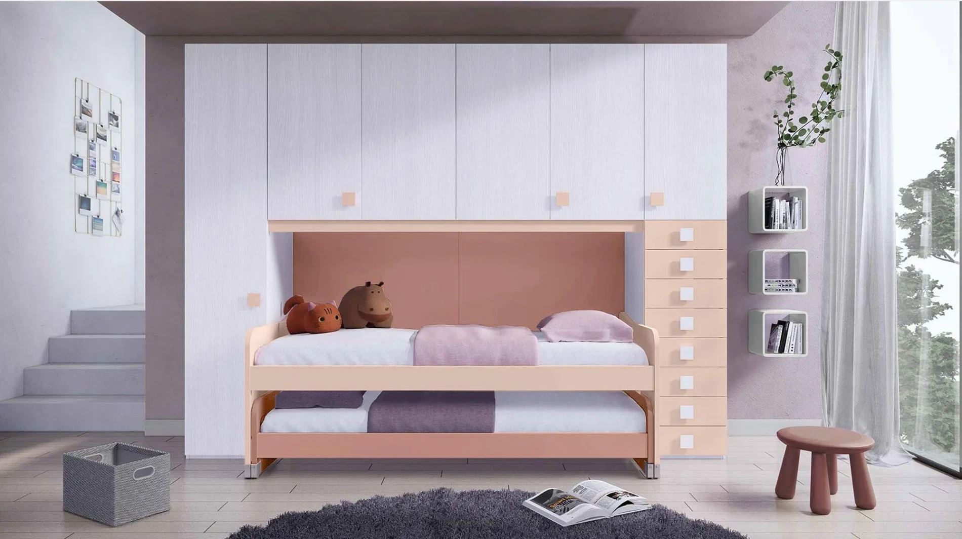 Cameretta a ponte rosa Peonia, Rosa antico e Bianco frassino, 2 posti letto