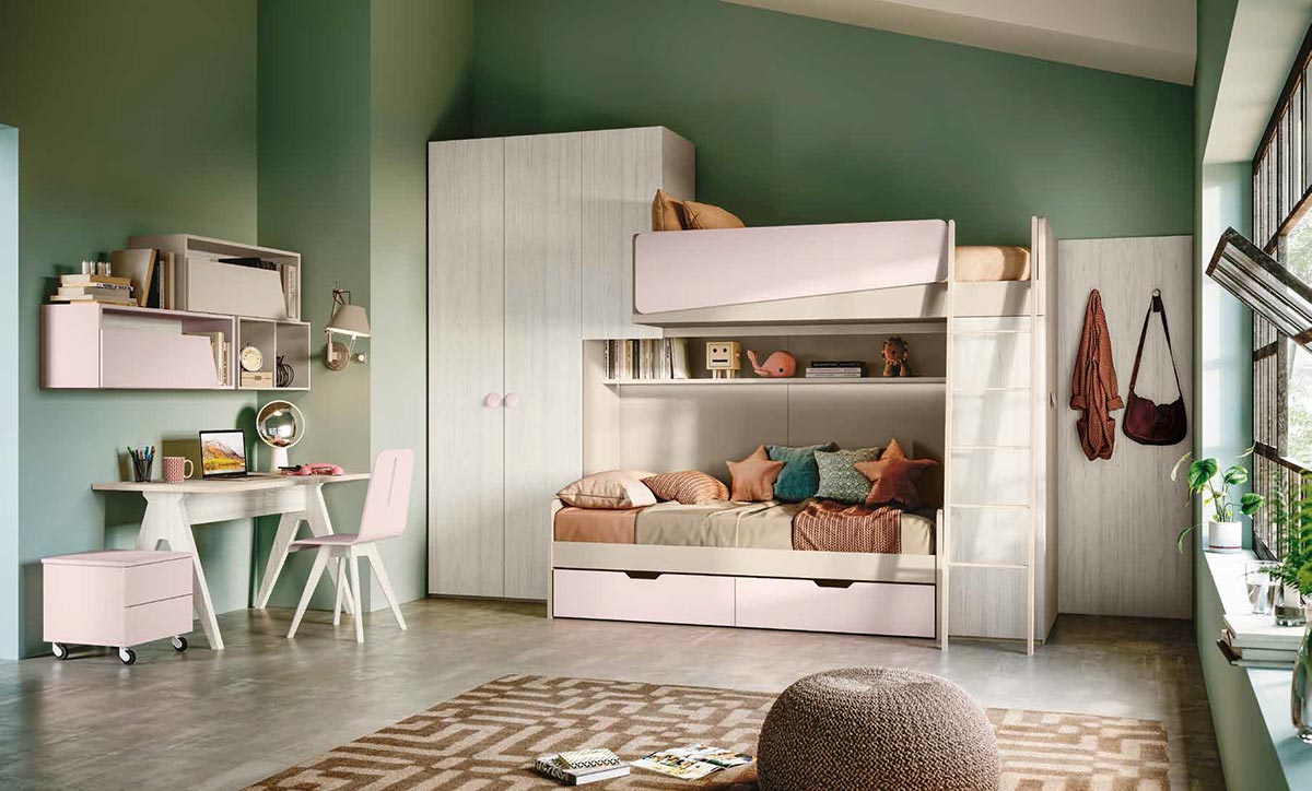 Soppalco camerette, finitura Bianco altea, Orzo e Rosa confetto