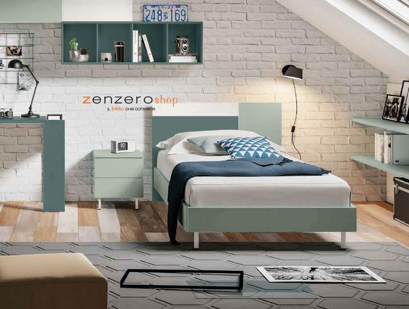 Letto piazza mezza POP 01, finitura Verde Salvia, Agave e Orzo