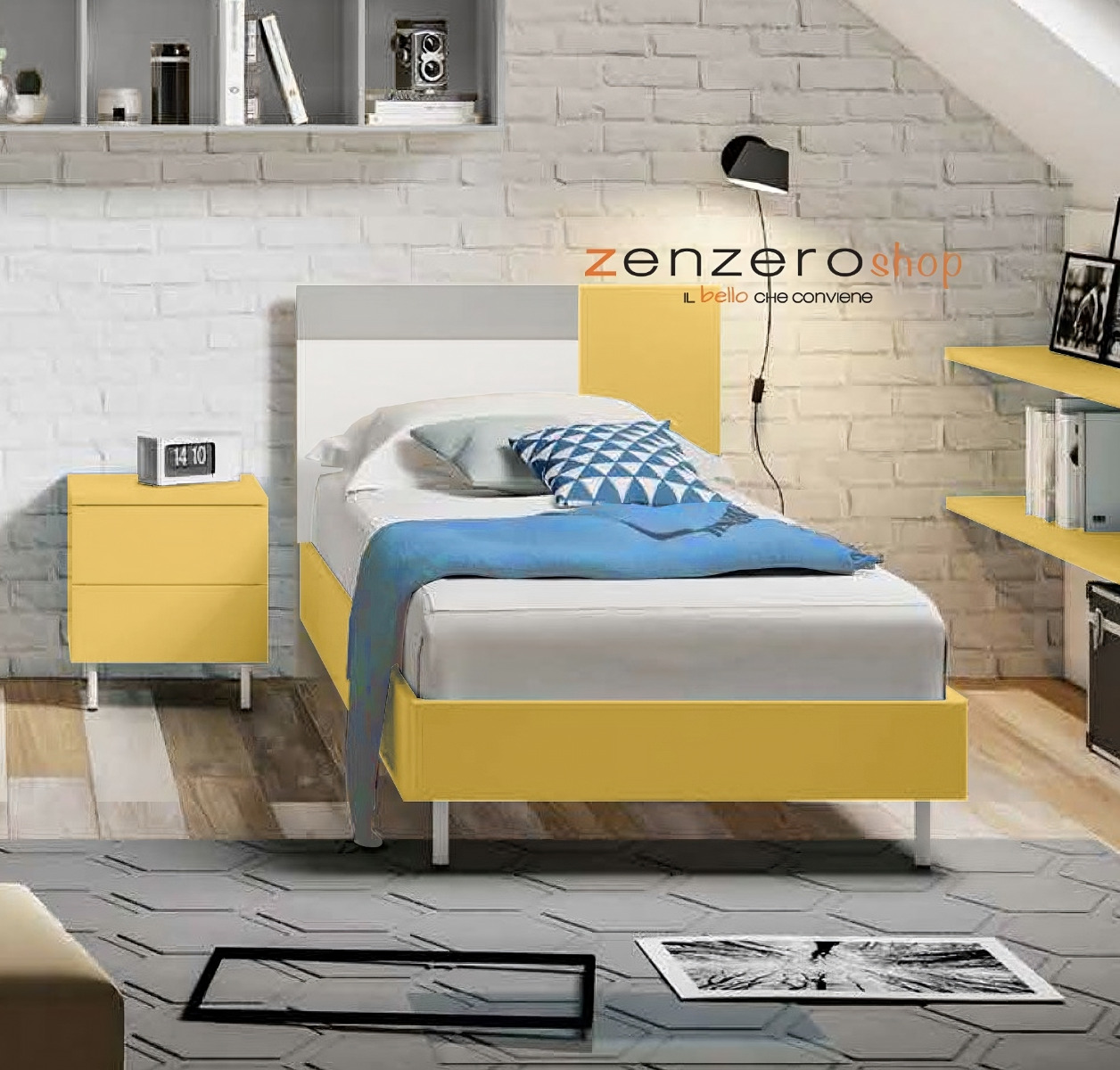 Letto singolo POP 01, finitura Giallo cedro, Bianco Opaco e Grigio Seta