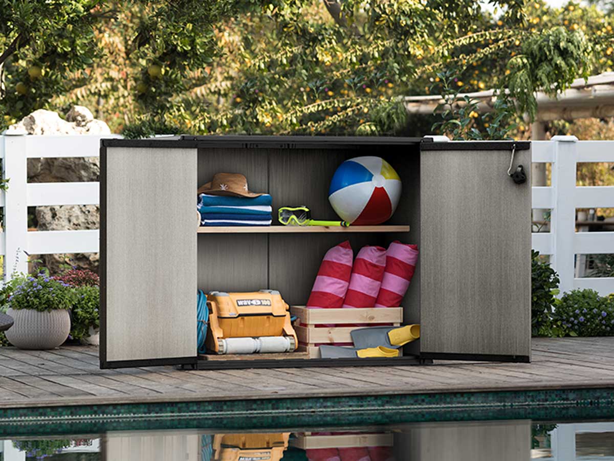 Baule da esterno Quercia, porta attrezzi per giardino, capacità 1000L