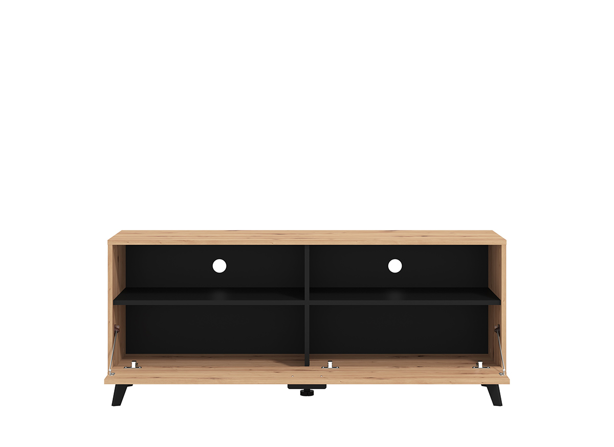 Mobile tv 140 cm con ribalta e due vani a giorno, finitura Rovere e Nero opaco