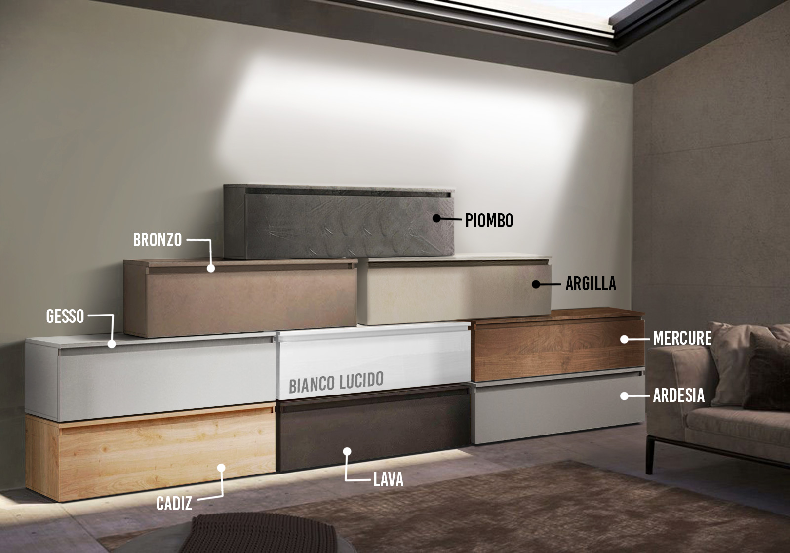 Base TV con un cassettone L.138 cm, disponibile in diverse colorazioni 