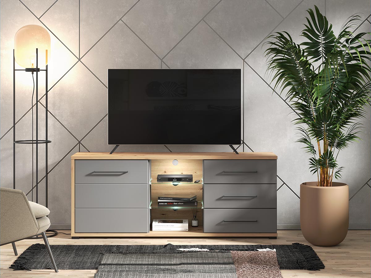 Porta tv 3 cassetti 1 anta, finitura Grigio grafite e Rovere