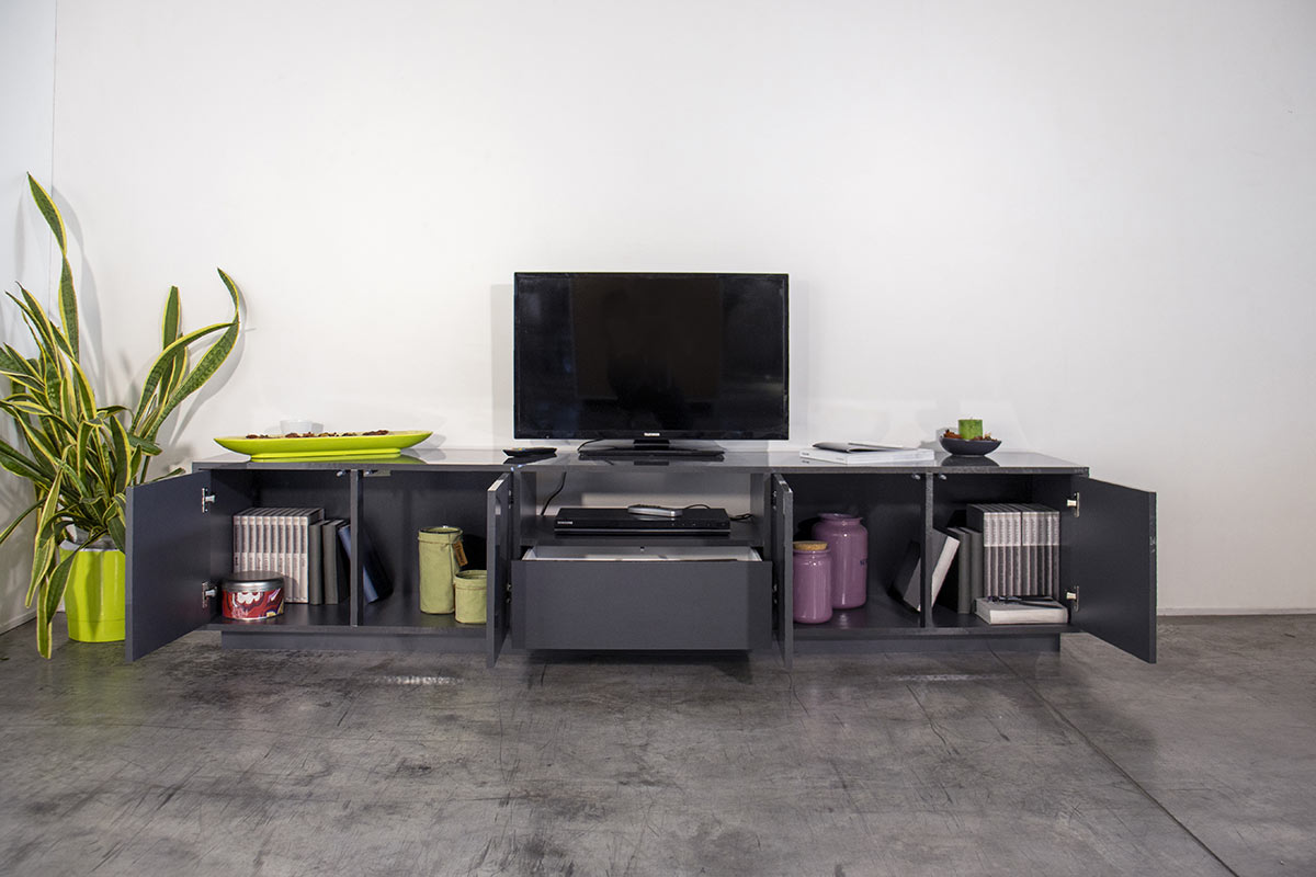 Porta tv laccato lucido antracite con cassetto centrale e quattro ante laterali