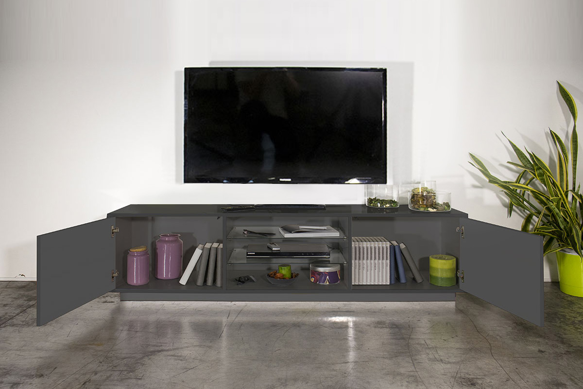 Porta tv di design in finitura laccato antracite con due ante e due mensole in vetro