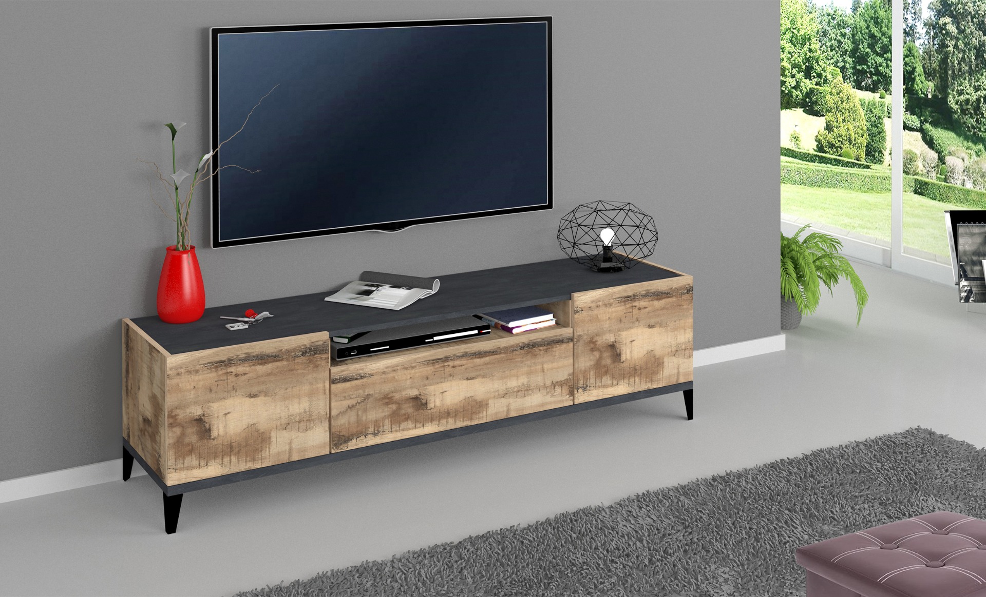 Mobile tv L.160, 2 ante 1 cassetto finitura Ardesia e Pero