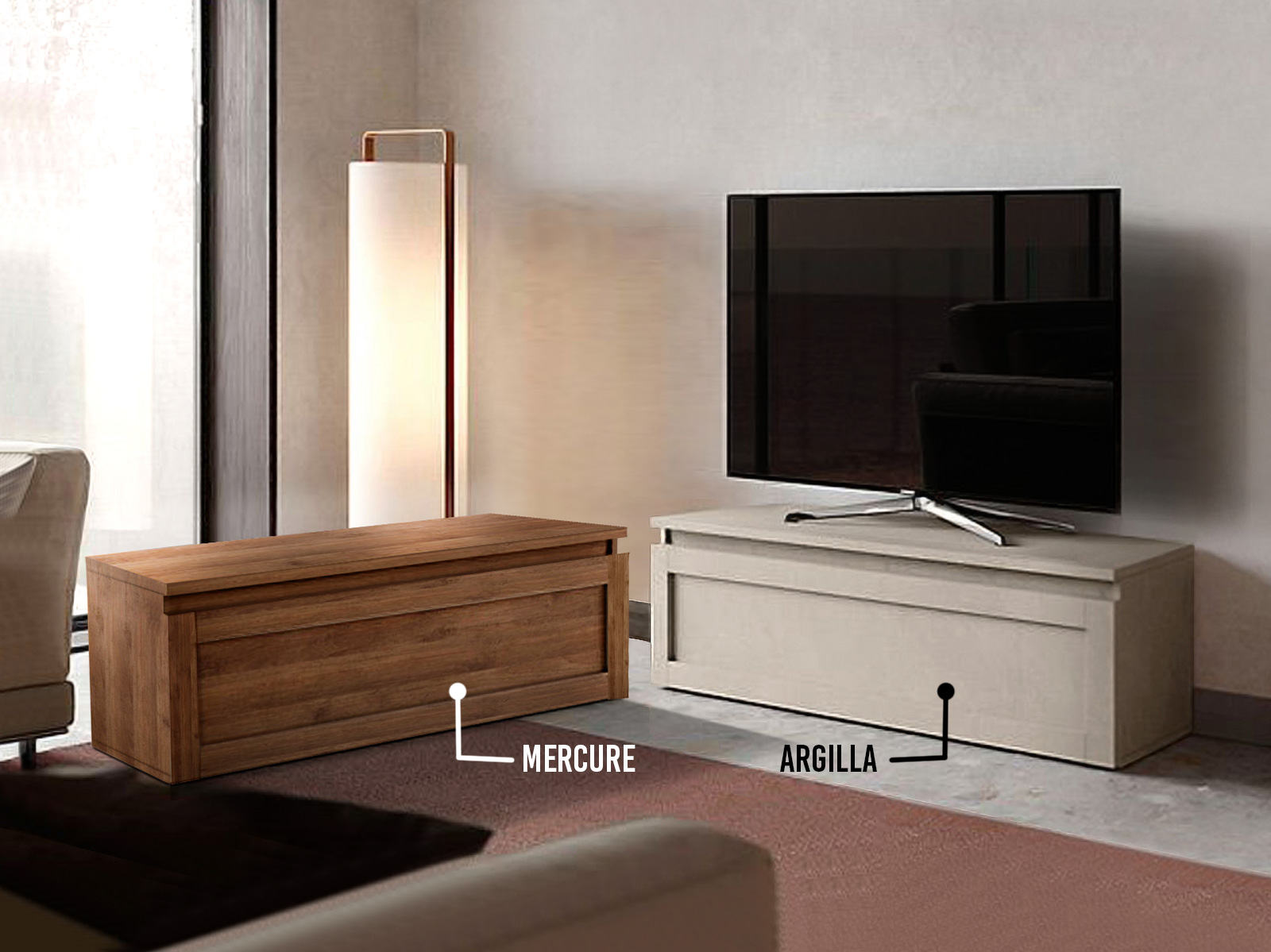 Base TV con un cassettone e frontale con telaio, disponibile in diverse finiture