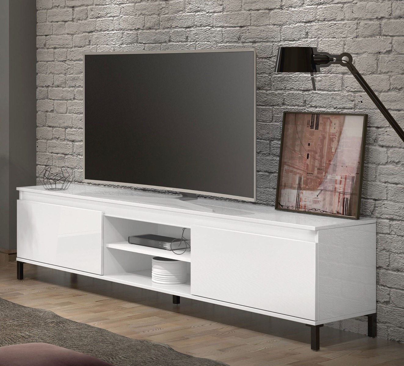 Mobile porta TV moderno finitura Bianco Lucido, Made in Italy