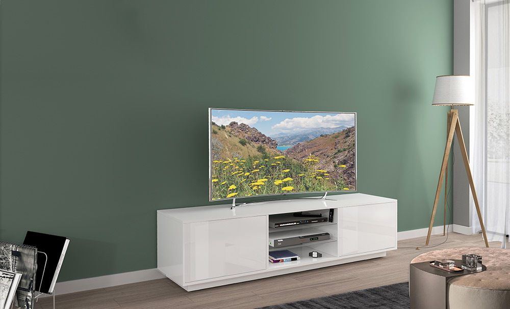 Salotto con madia alta, porta TV e madia 4 ante finitura bianco lucido Zenzero Shop