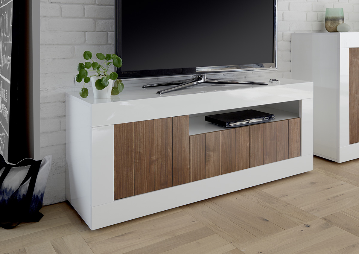 Porta TV a 3 ante, moderno e di design, finitura Bianco Lucido e Noce Dark