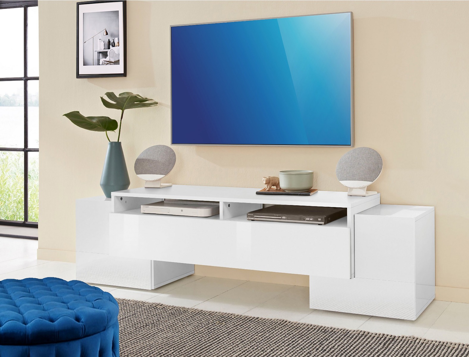 Porta tv bianco laccato lucido, 2 ante e una ribalta