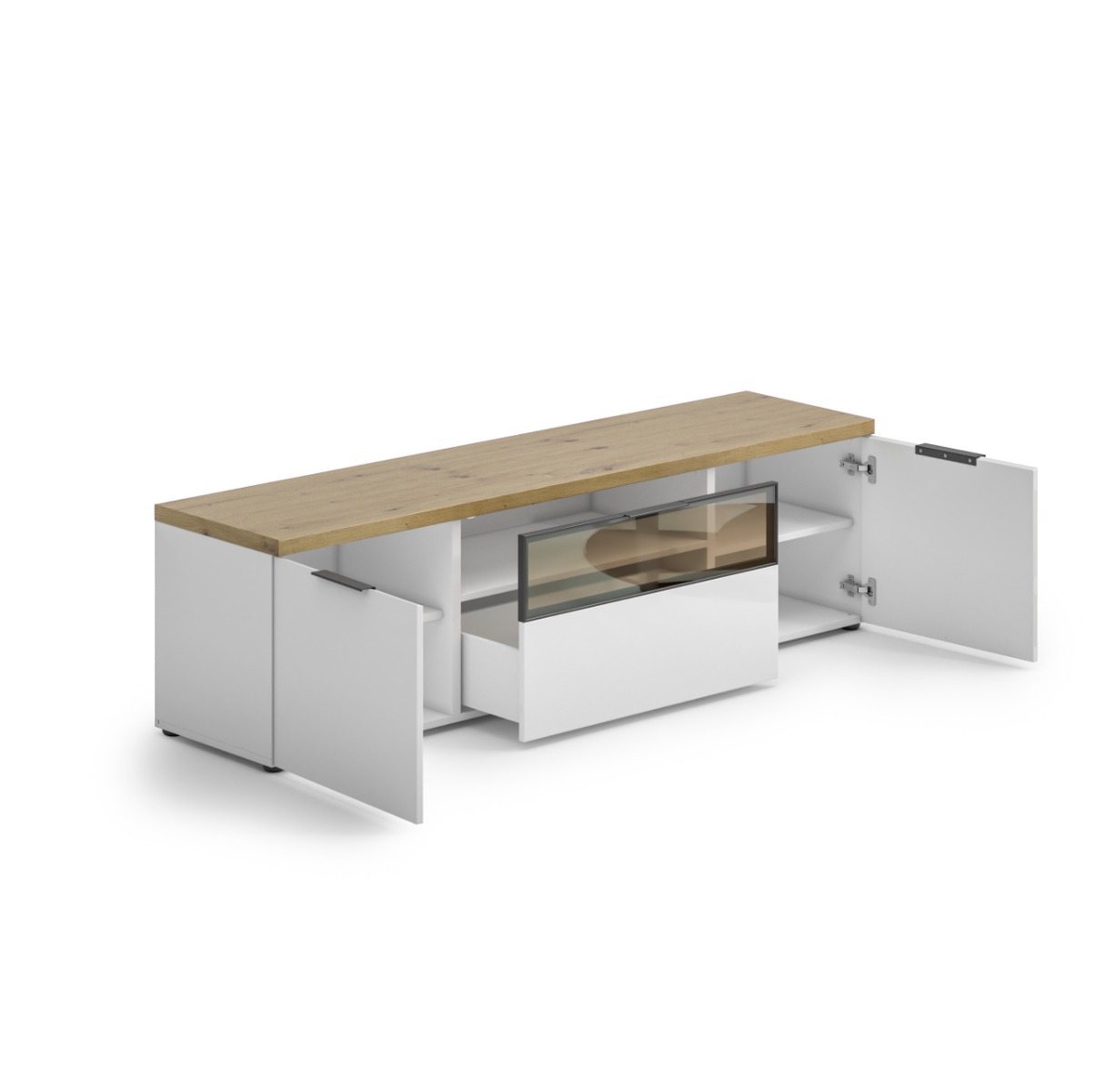 Porta TV colore Bianco lucido e Rovere chiaro