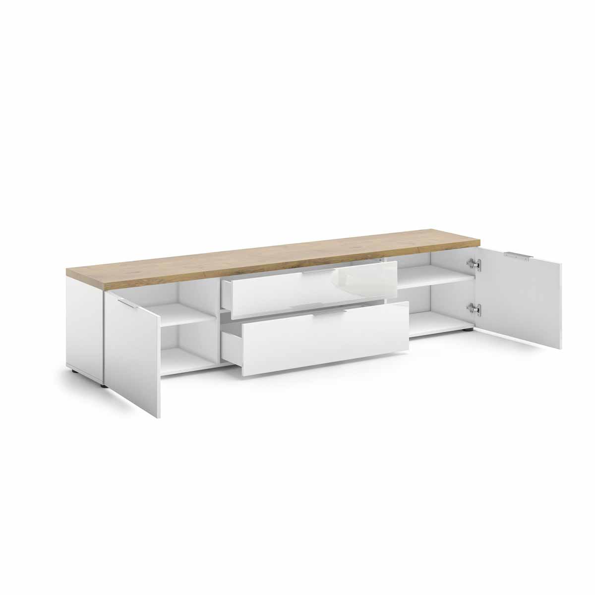 Mobile tv colore Bianco lucido con top Rovere, L.220 cm in offerta