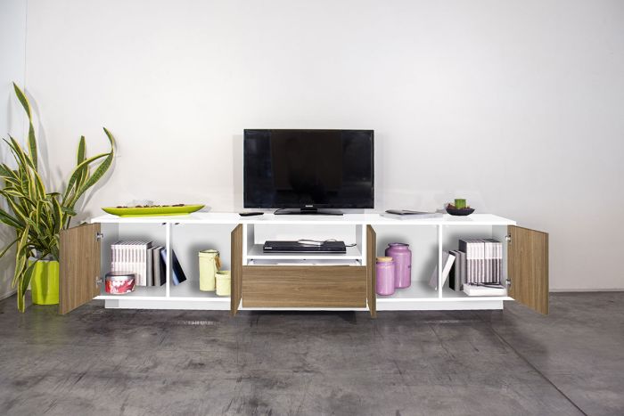 Sala moderna completa finitura noce caracalla e bianco lucido 