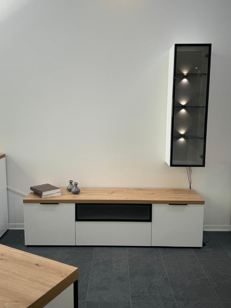 Porta TV colore Bianco lucido e Rovere chiaro