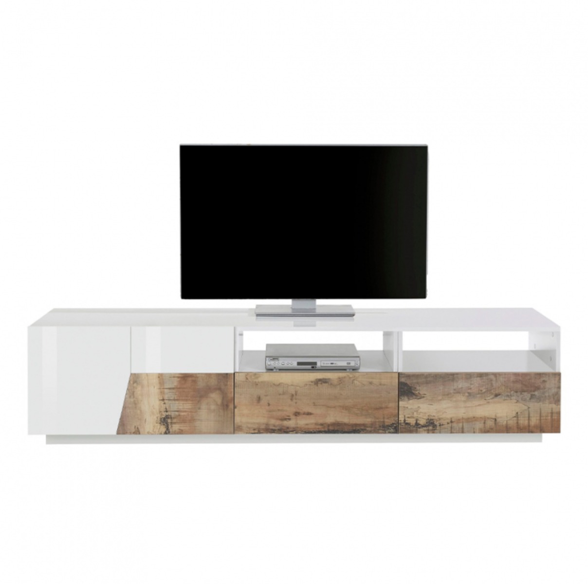 Elegante Mobile TV larghezza 200 cm, Pero e Bianco lucido 