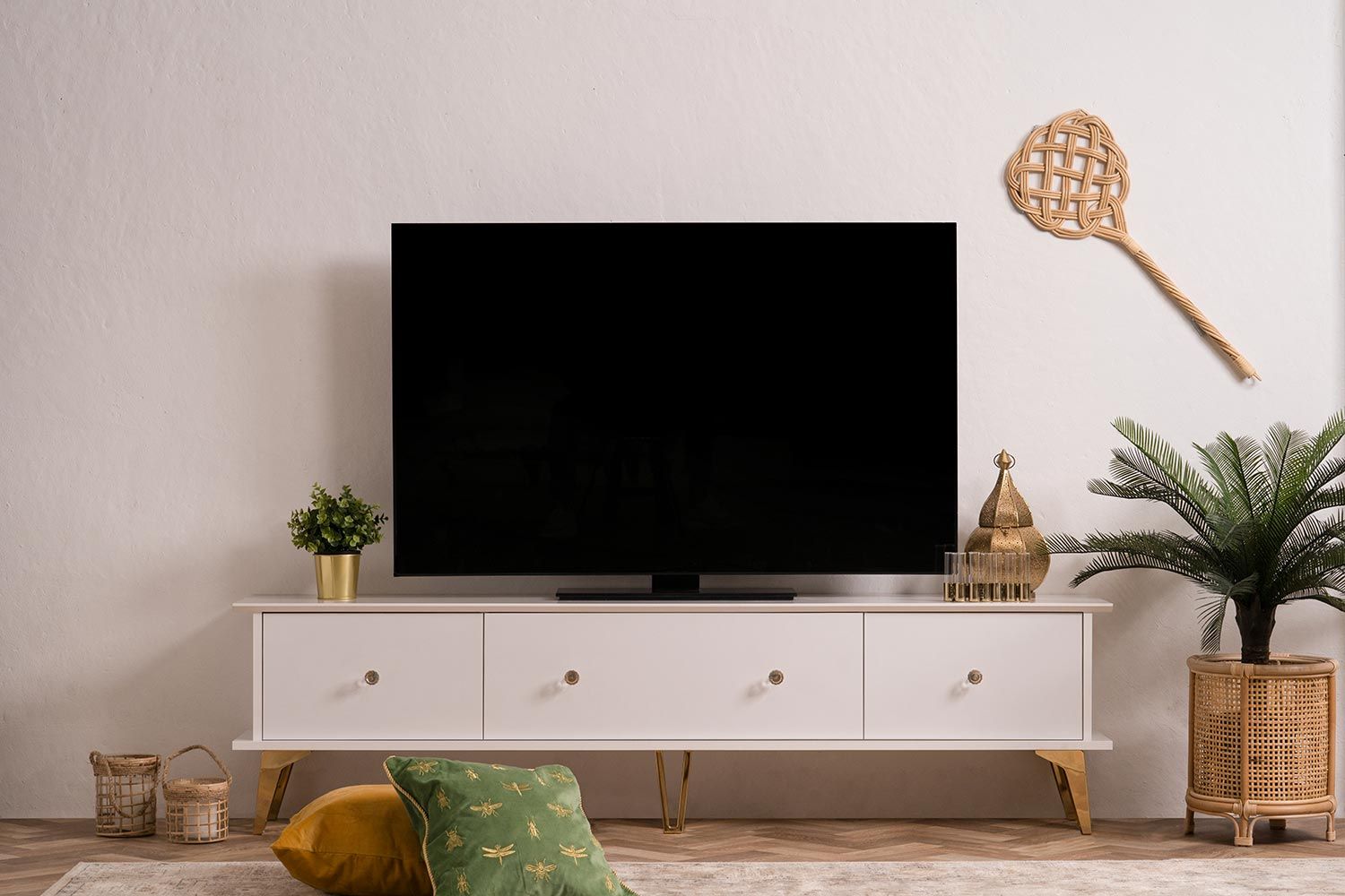 Porta Tv Oslo con 3 ribalte in finitura bianco e oro