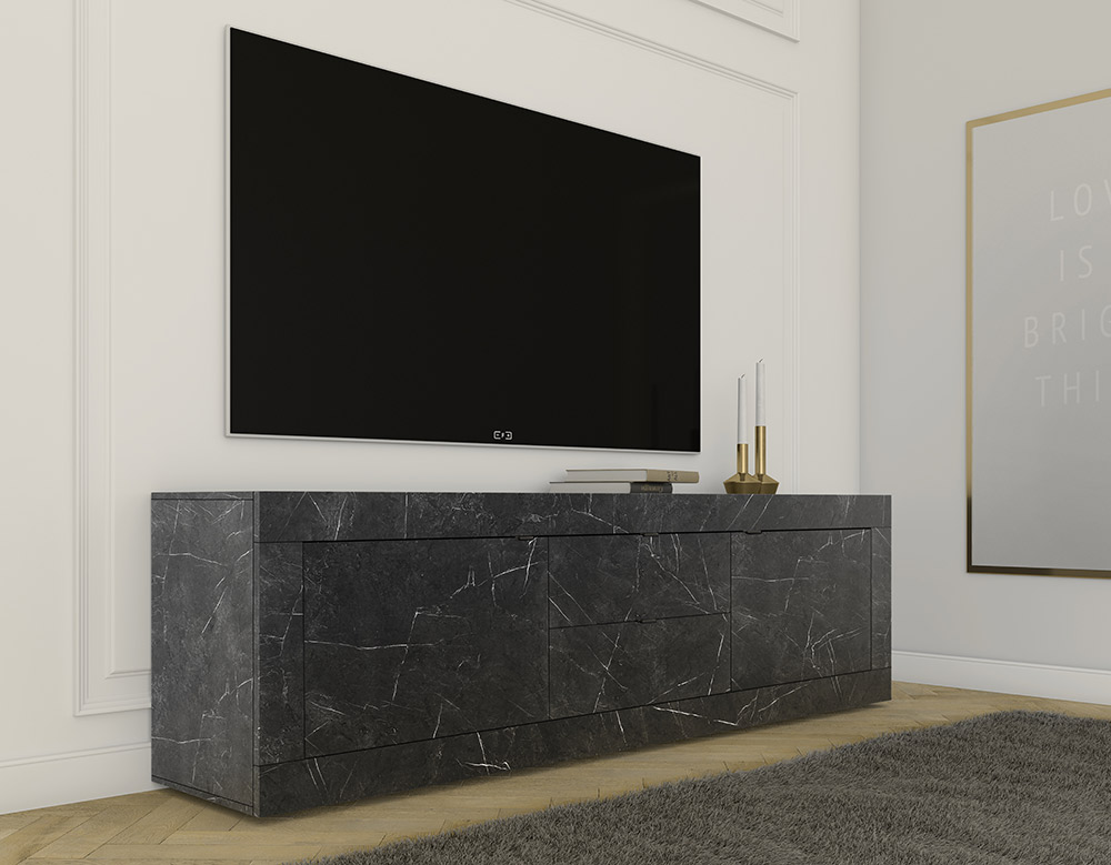 Porta TV moderno due ante battenti e due cassetti, effetto Marmo