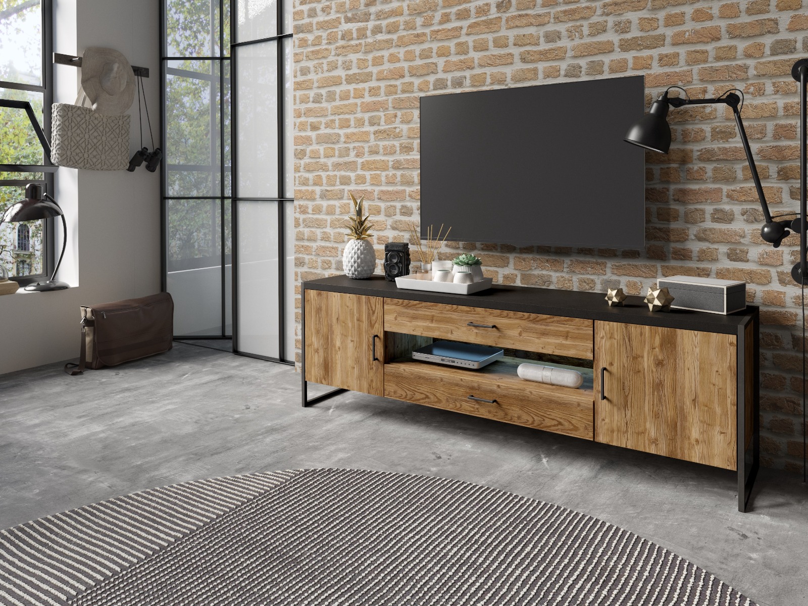 Porta TV grande finitura legno invecchiato e metallo nero