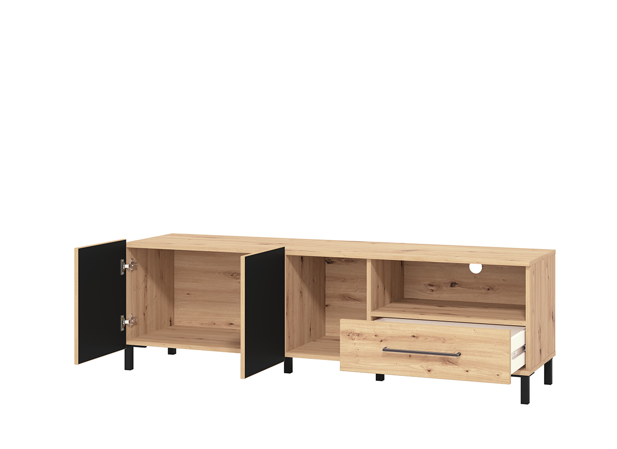 Mobile tv 160 cm con cassetto e due ante, finitura Rovere e Nero opaco