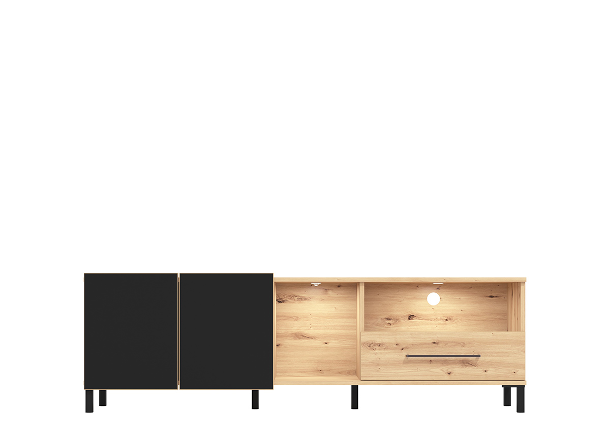 Mobile tv 160 cm con cassetto e due ante, finitura Rovere e Nero opaco