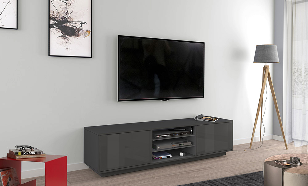 Porta tv di design in finitura laccato antracite con due ante e due mensole in vetro